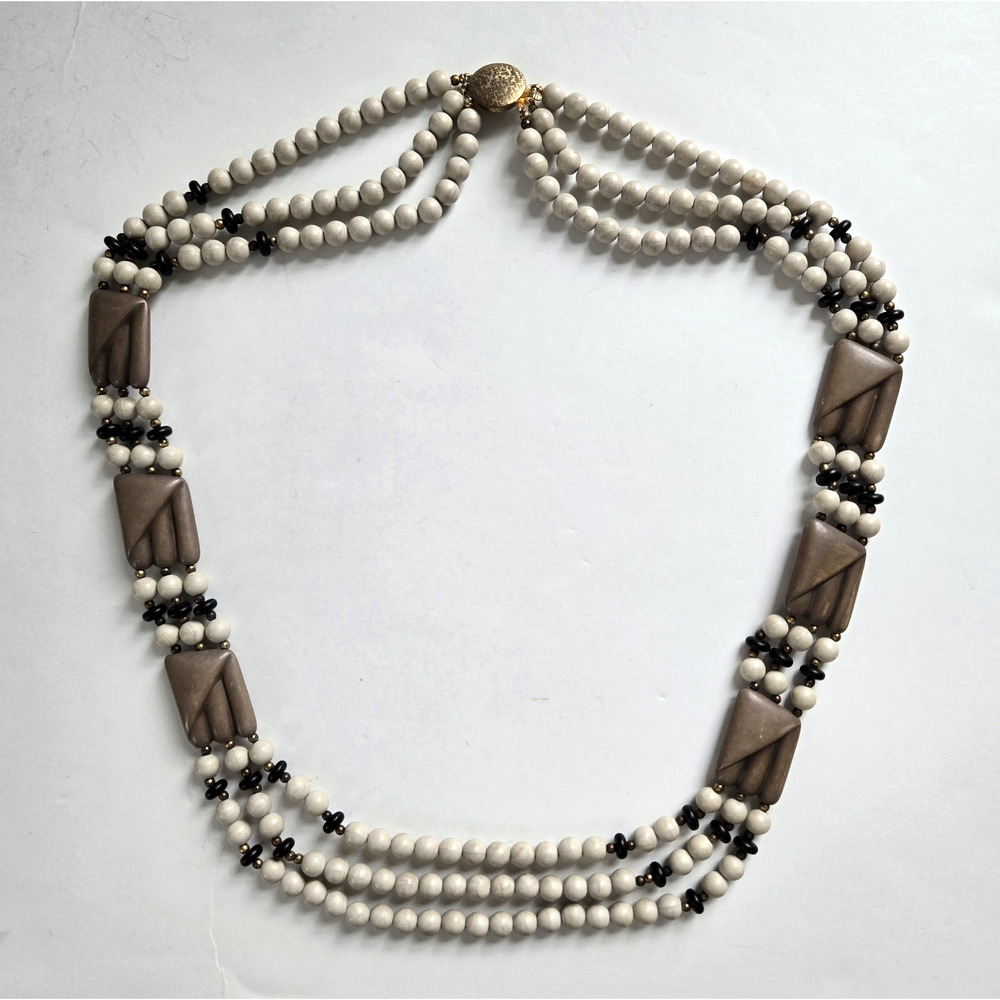 Vintage Statement Necklace Triple Strand Carved Celluloid Art Deco Classic Retro